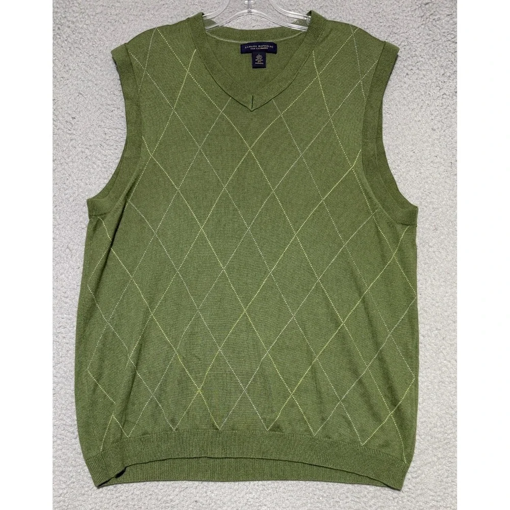 BANANA REPUBLIC Green SILK CASHMERE Blend Diamond Argyle Sweater Vest Mens L
